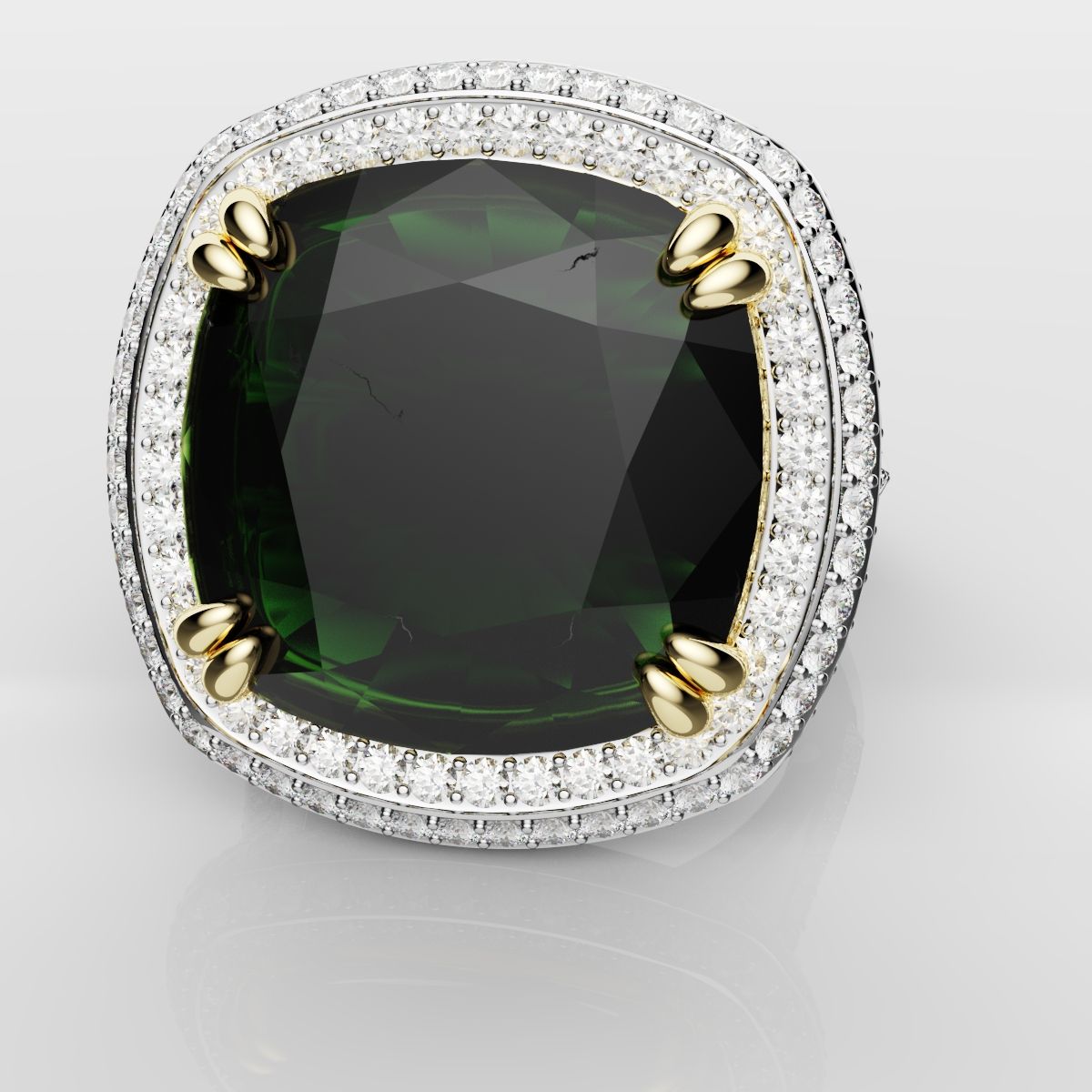 Cushion Cut Green Emerald Three Row Pavé Engagement Ring