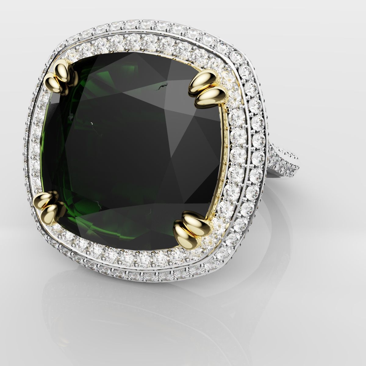 Cushion Cut Green Emerald Three Row Pavé Engagement Ring