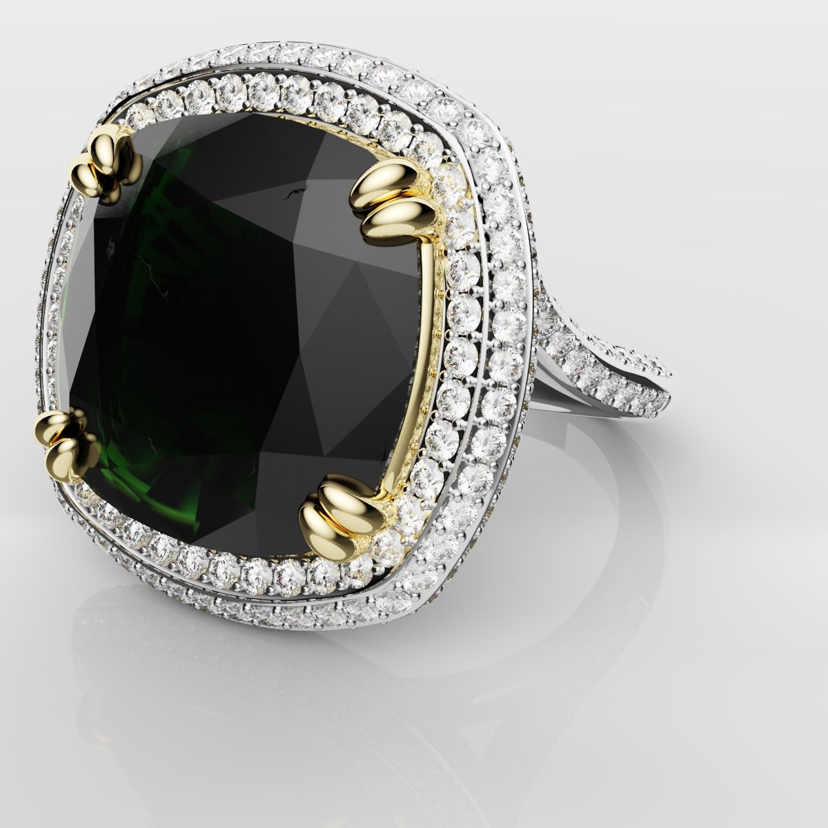 Cushion Cut Green Emerald Three Row Pavé Engagement Ring