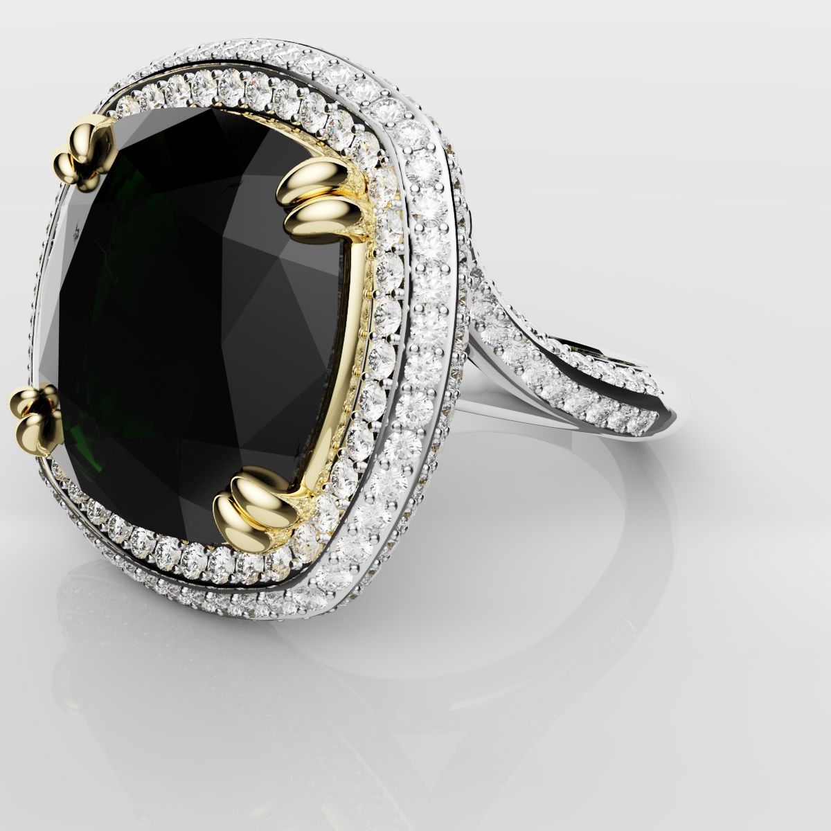 Cushion Cut Green Emerald Three Row Pavé Engagement Ring