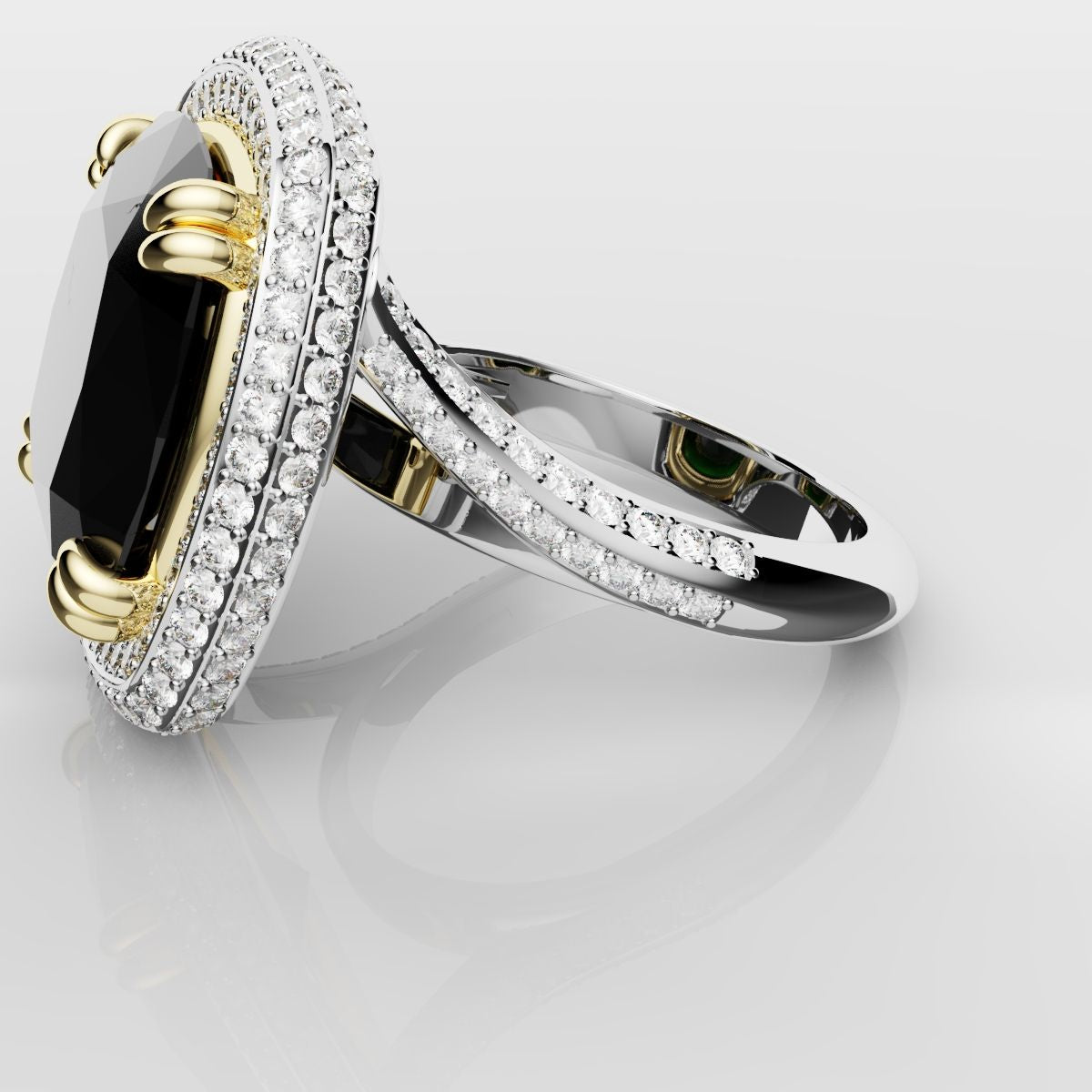Cushion Cut Green Emerald Three Row Pavé Engagement Ring