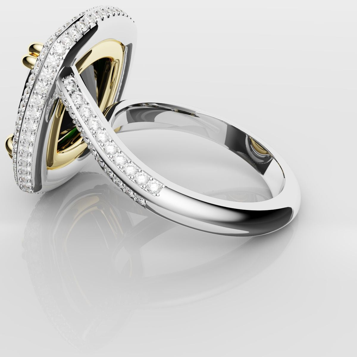 Cushion Cut Green Emerald Three Row Pavé Engagement Ring