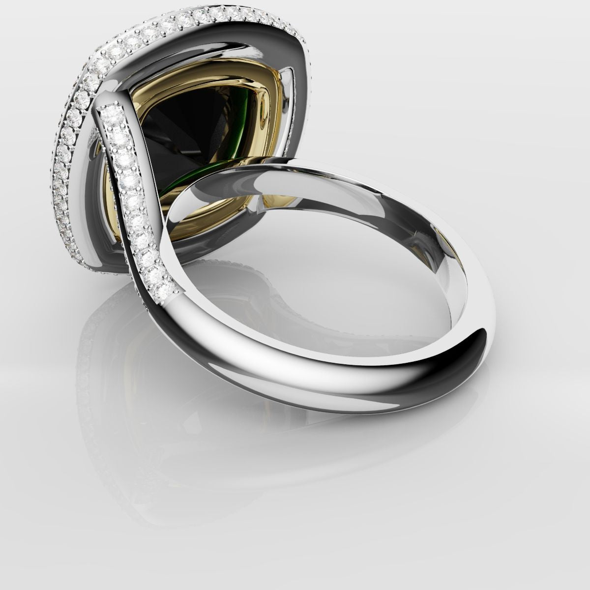 Cushion Cut Green Emerald Three Row Pavé Engagement Ring