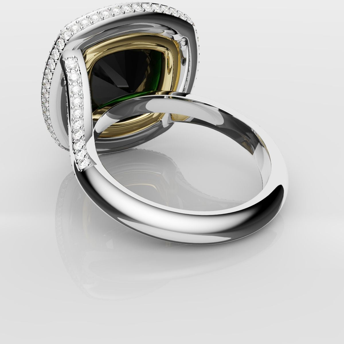 Cushion Cut Green Emerald Three Row Pavé Engagement Ring