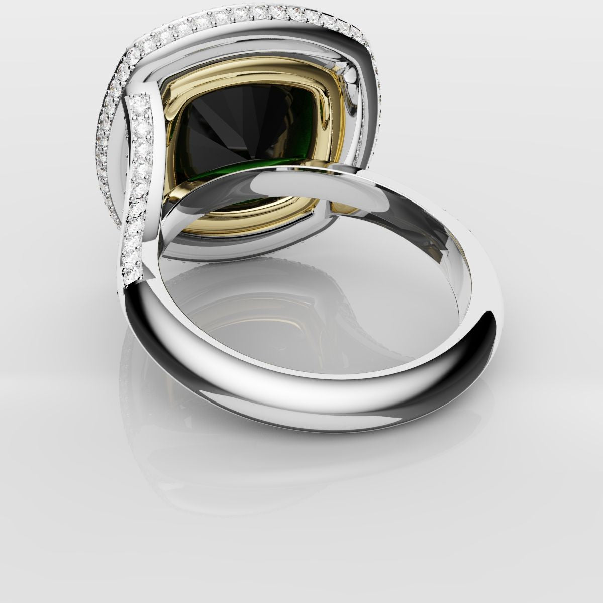 Cushion Cut Green Emerald Three Row Pavé Engagement Ring