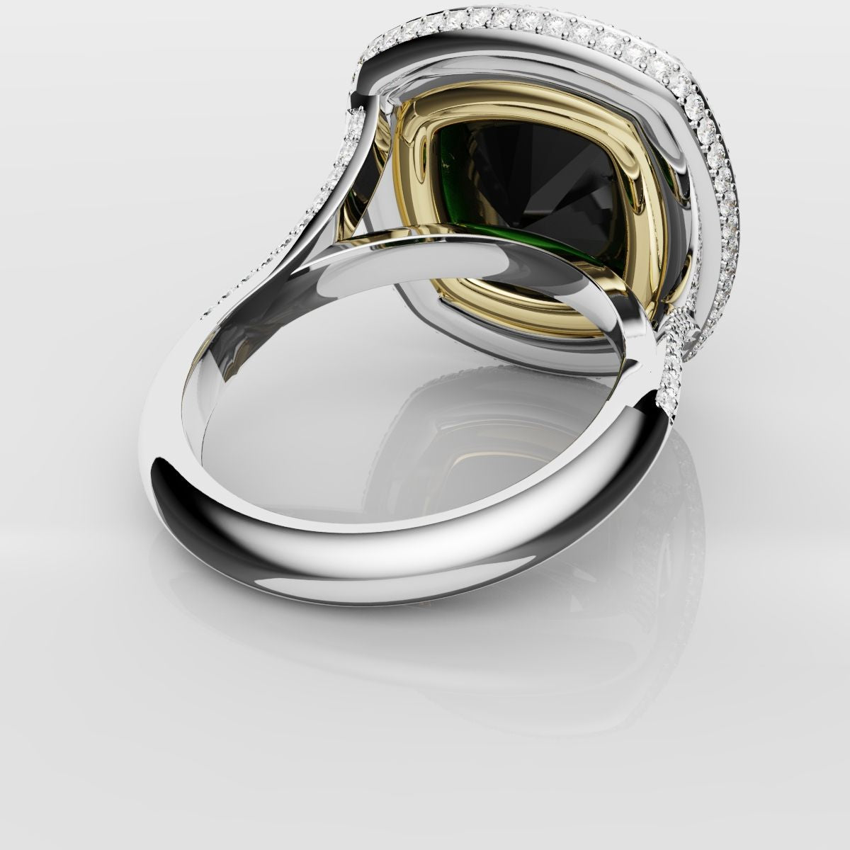 Cushion Cut Green Emerald Three Row Pavé Engagement Ring