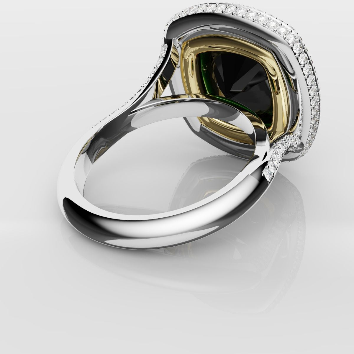 Cushion Cut Green Emerald Three Row Pavé Engagement Ring