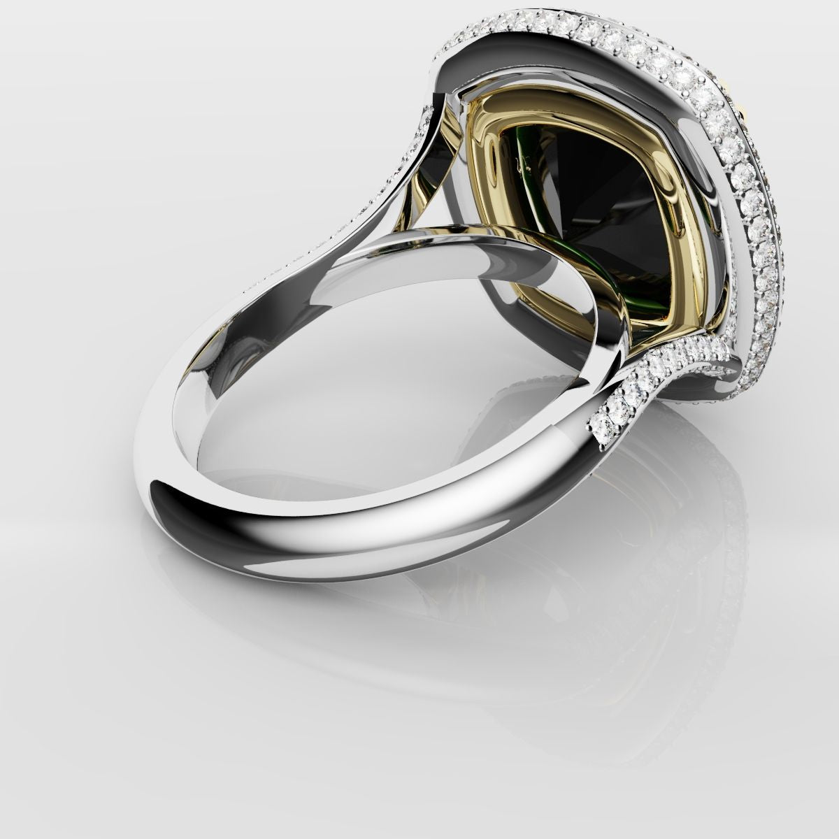 Cushion Cut Green Emerald Three Row Pavé Engagement Ring
