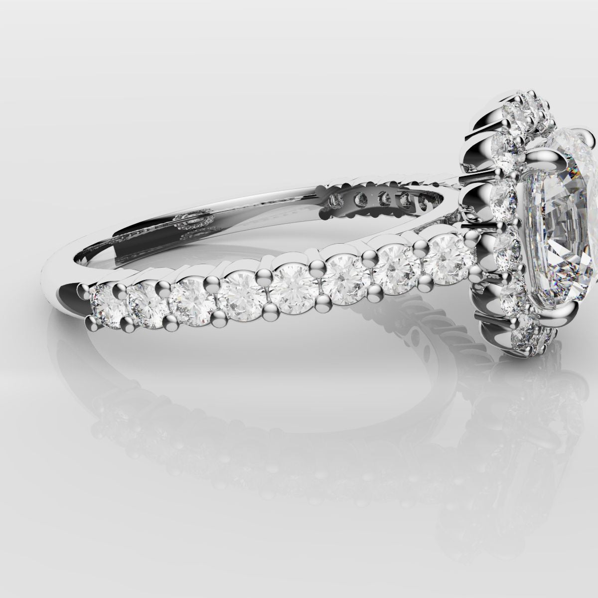 Cushion Cut Diamond Halo Engagement Ring - Shared Claw Setting