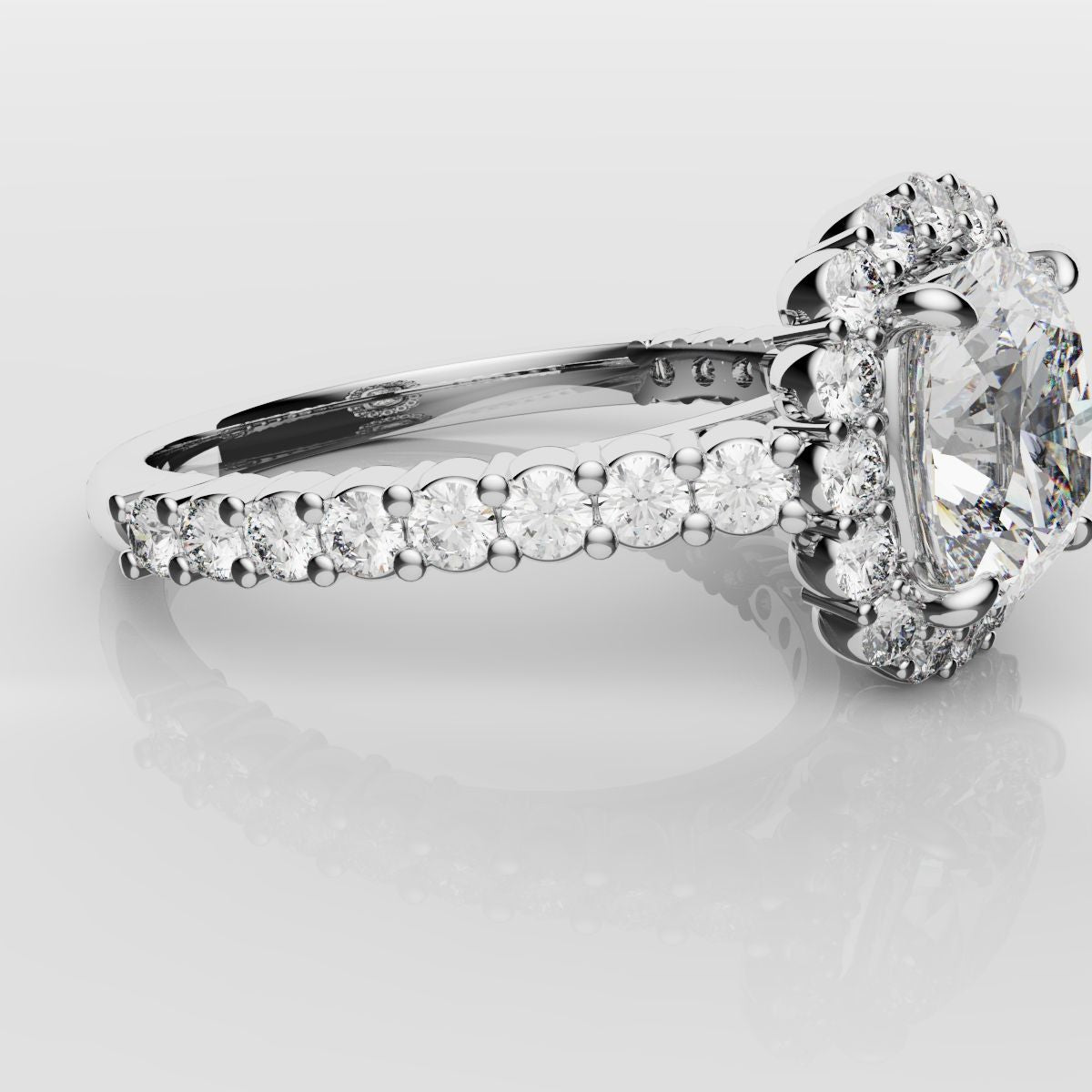 Cushion Cut Diamond Halo Engagement Ring - Shared Claw Setting