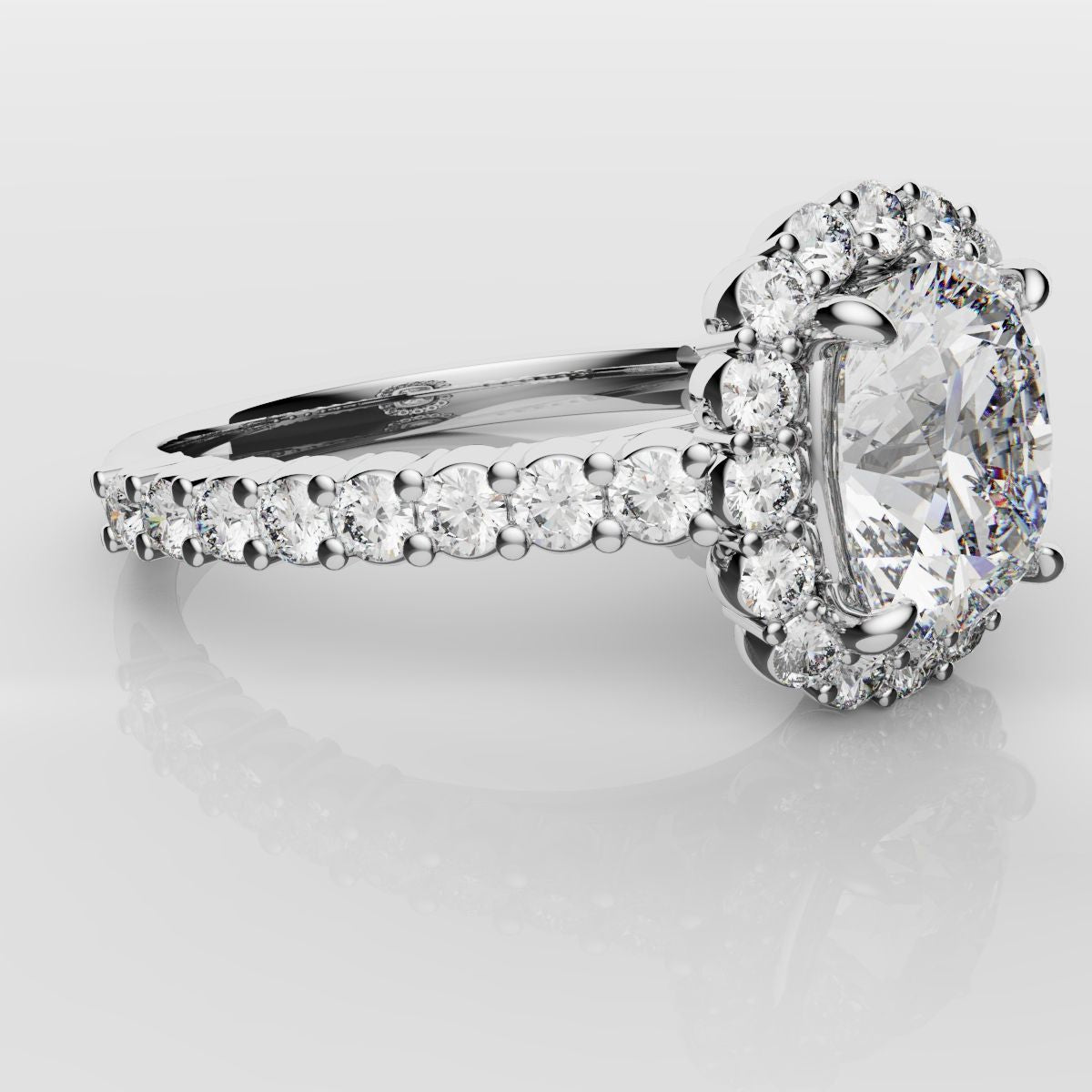 Cushion Cut Diamond Halo Engagement Ring - Shared Claw Setting
