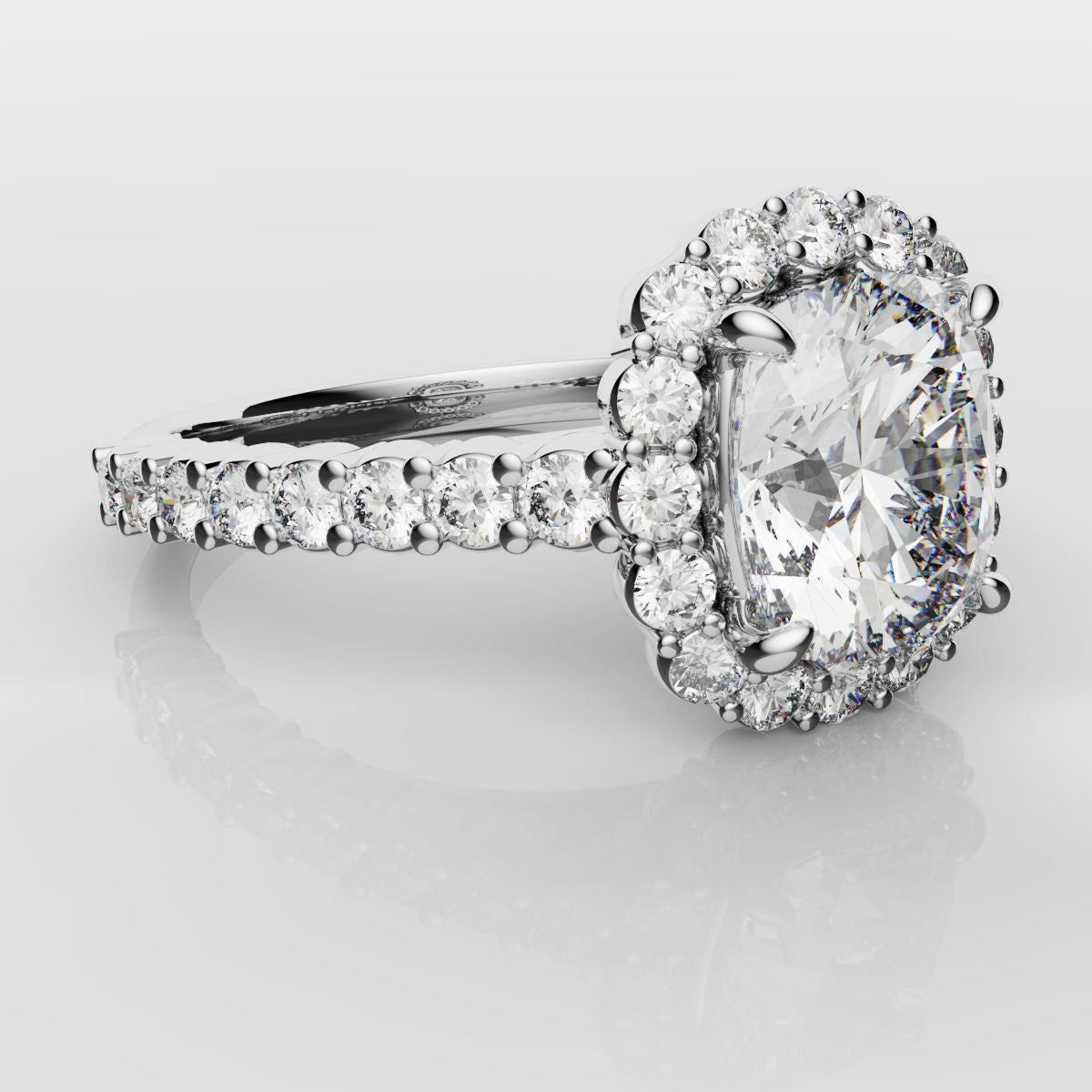 Cushion Cut Diamond Halo Engagement Ring - Shared Claw Setting
