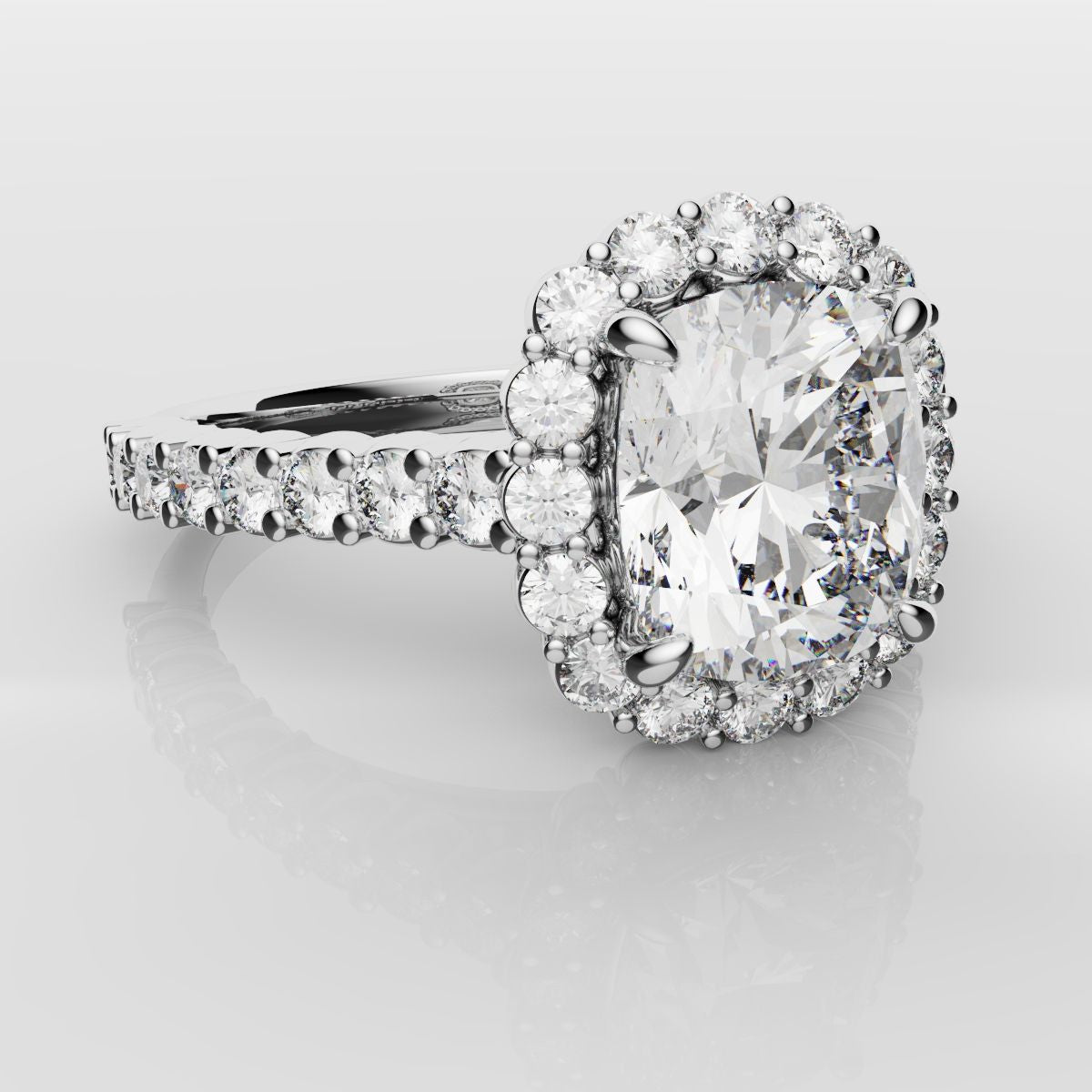 Cushion Cut Diamond Halo Engagement Ring - Shared Claw Setting