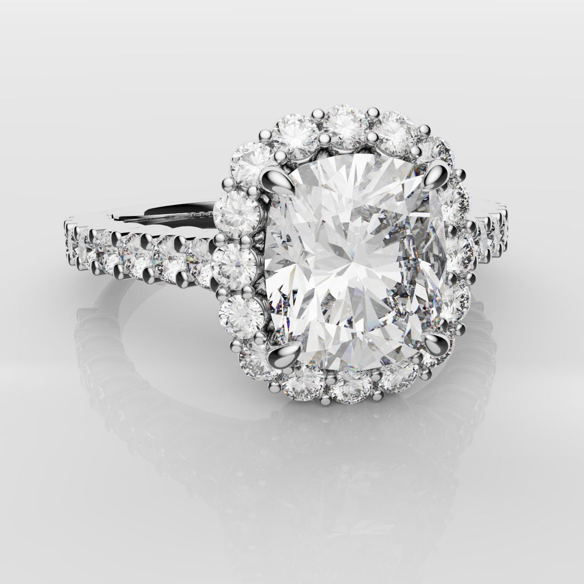 Cushion Cut Diamond Halo Engagement Ring - Shared Claw Setting