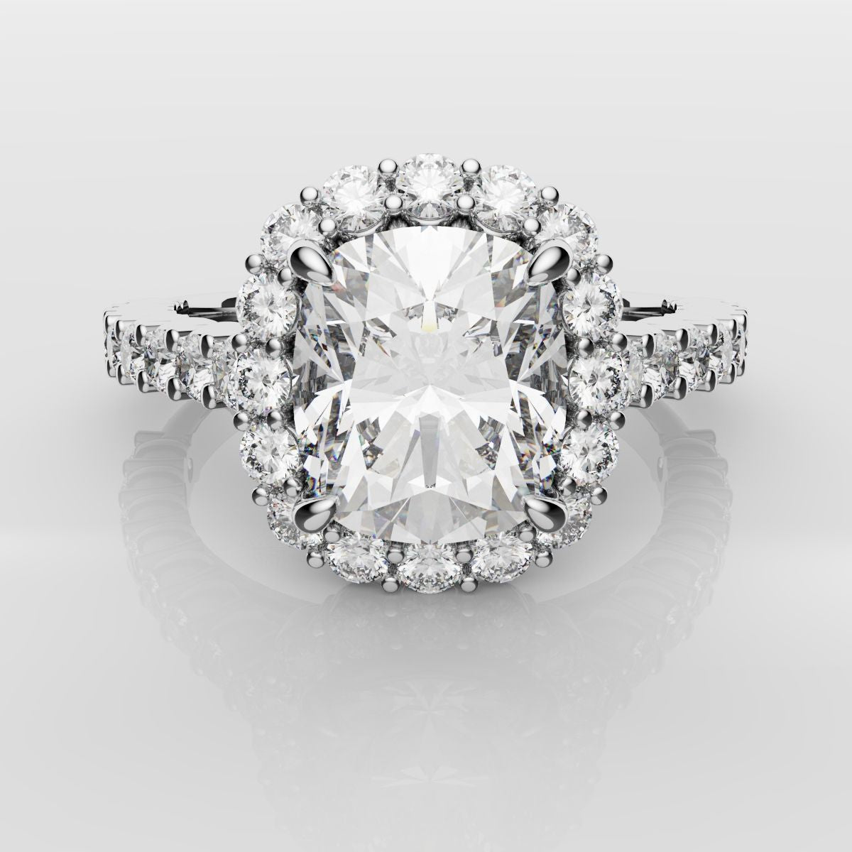 Cushion Cut Diamond Halo Engagement Ring - Shared Claw Setting