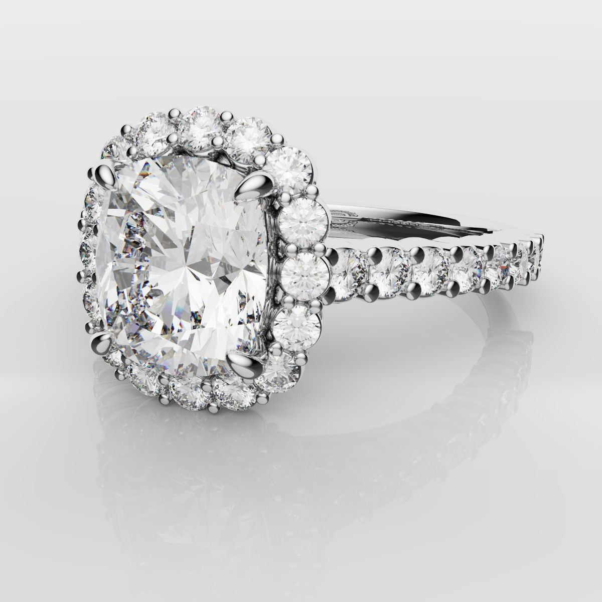 Cushion Cut Diamond Halo Engagement Ring - Shared Claw Setting