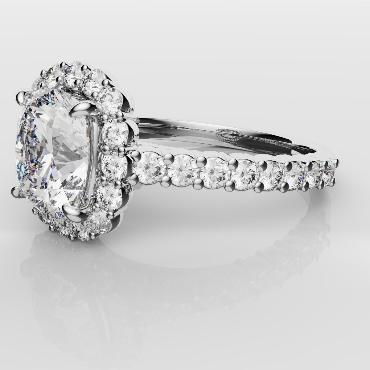 Cushion Cut Diamond Halo Engagement Ring - Shared Claw Setting