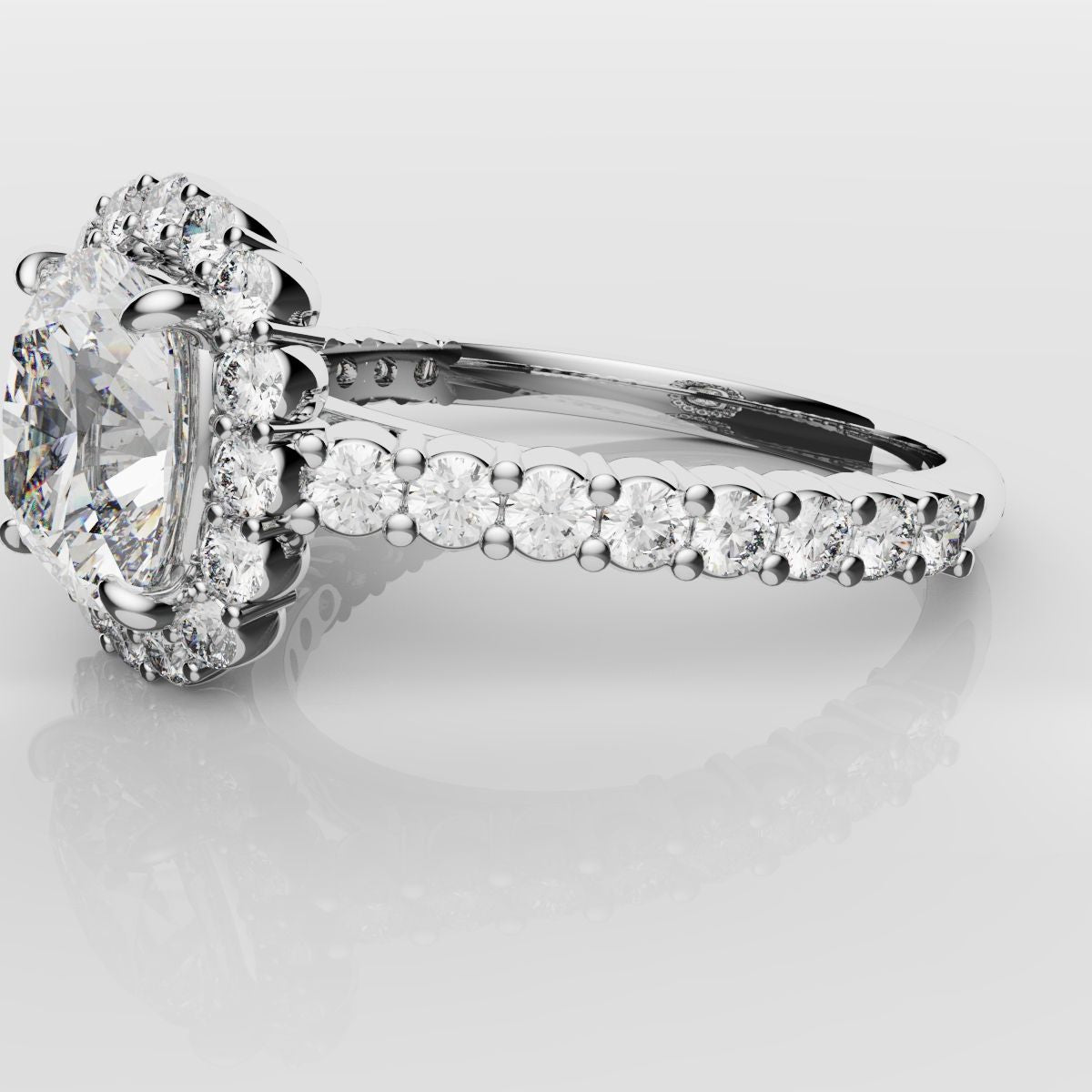 Cushion Cut Diamond Halo Engagement Ring - Shared Claw Setting