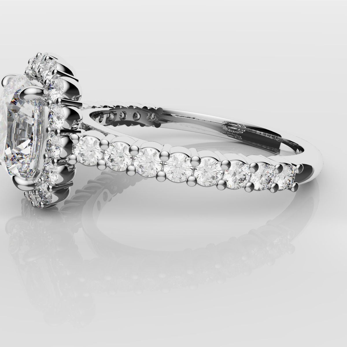 Cushion Cut Diamond Halo Engagement Ring - Shared Claw Setting