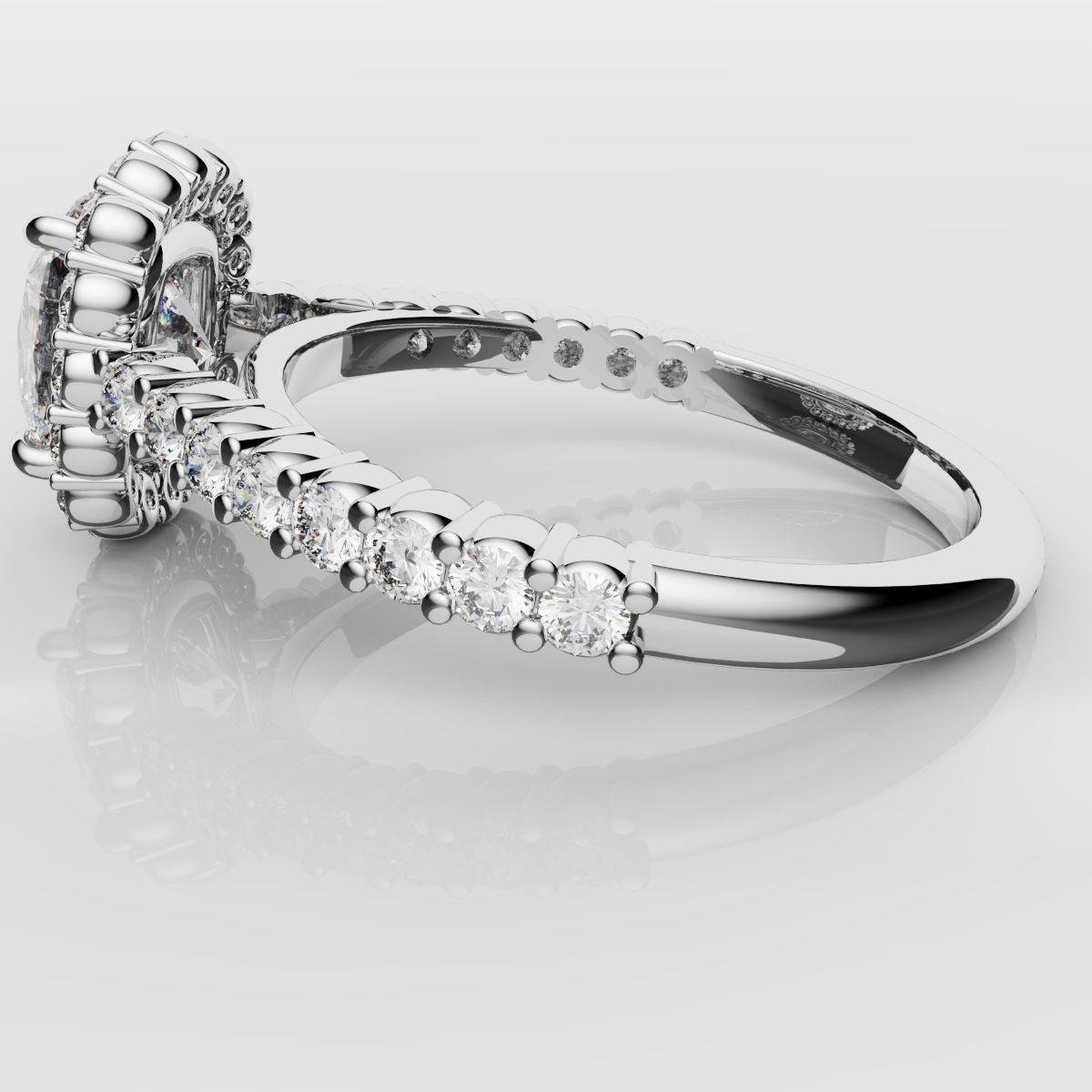 Cushion Cut Diamond Halo Engagement Ring - Shared Claw Setting