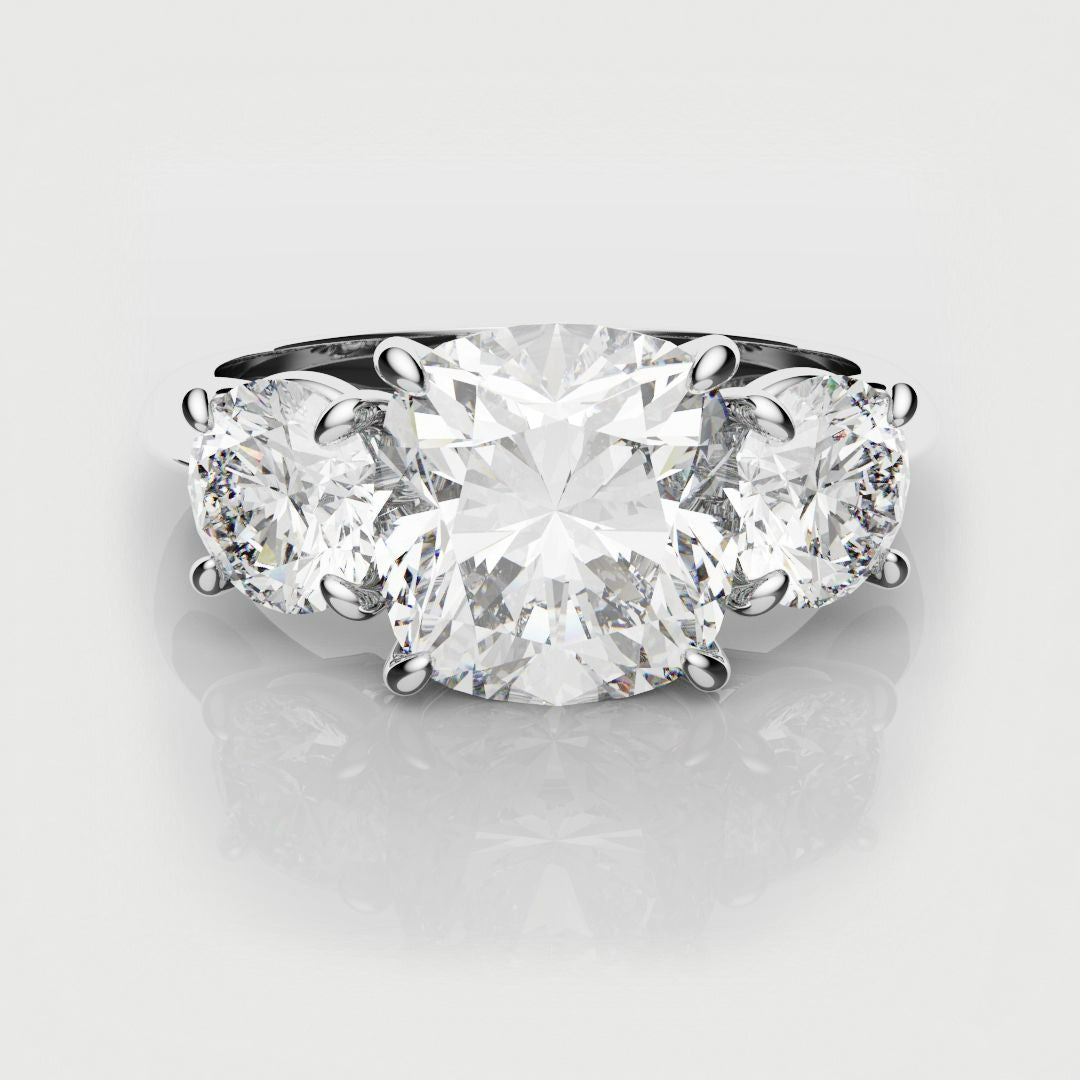Cushion Cut and Round Diamond Trilogy Engagement Ring