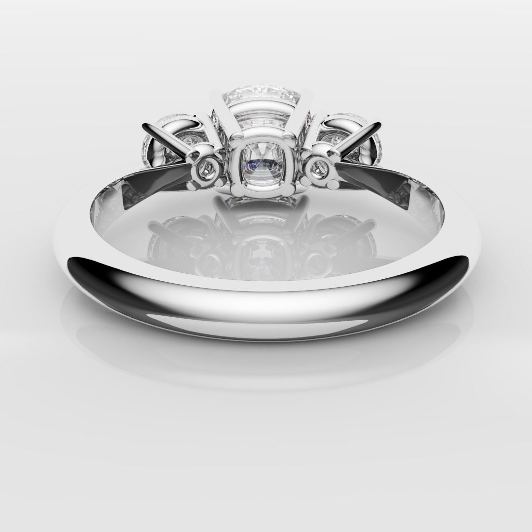 Cushion Cut and Round Diamond Trilogy Engagement Ring