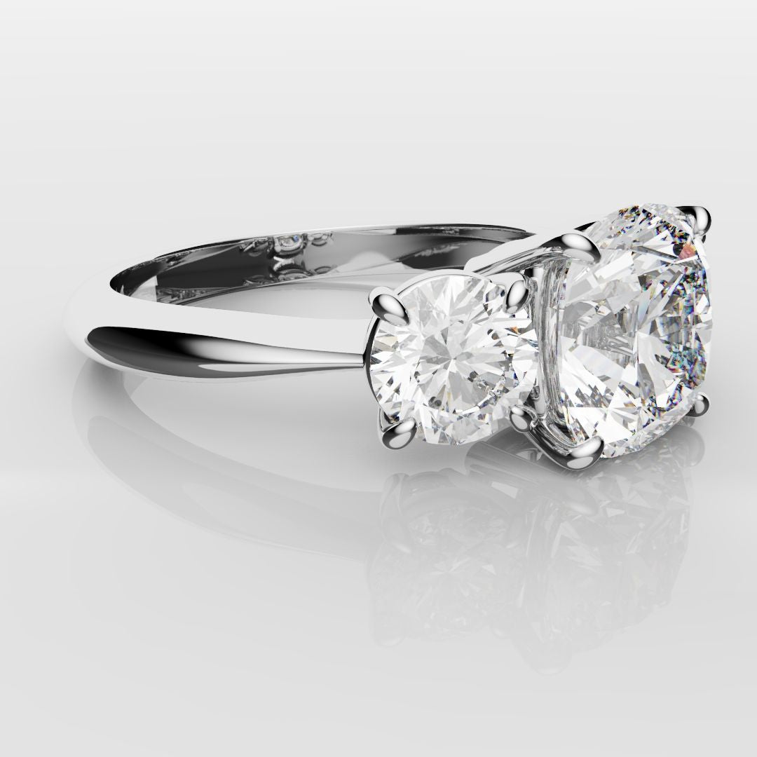 Cushion Cut and Round Diamond Trilogy Engagement Ring
