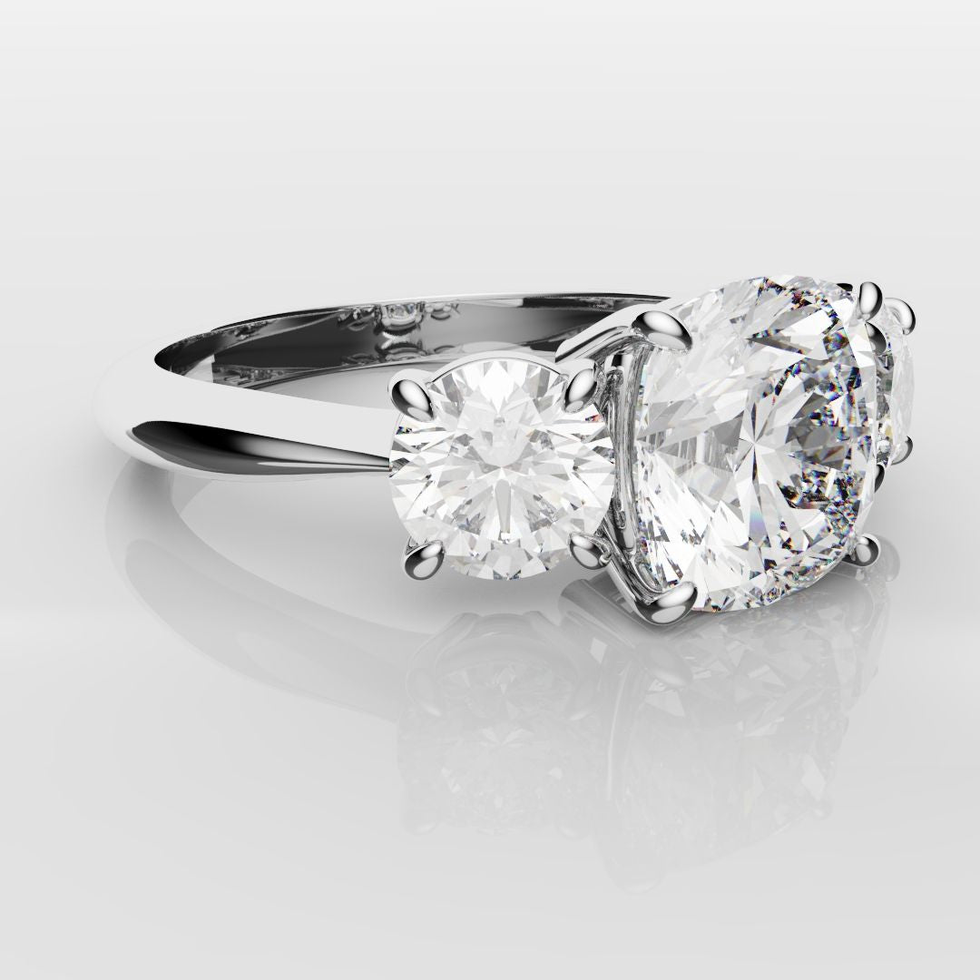 Cushion Cut and Round Diamond Trilogy Engagement Ring
