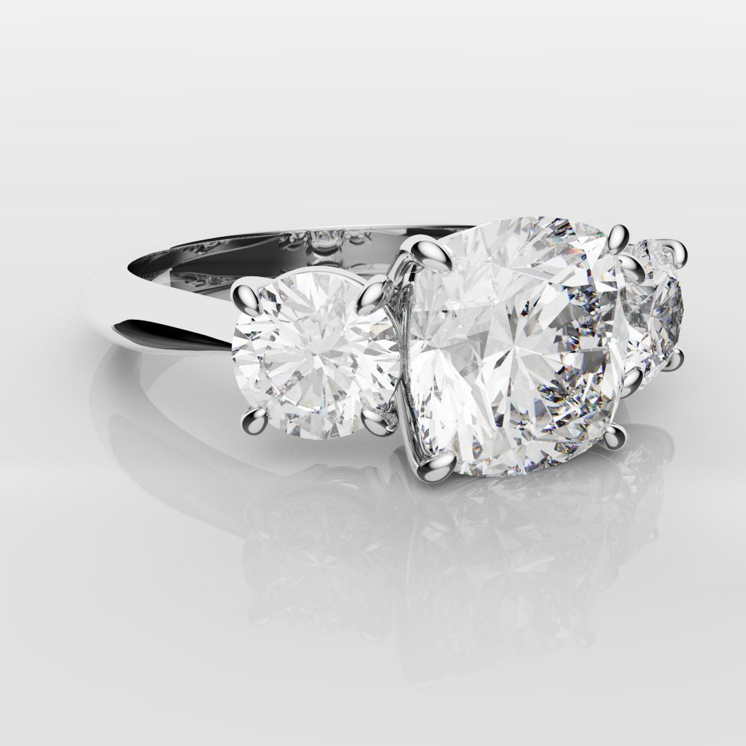 Cushion Cut and Round Diamond Trilogy Engagement Ring