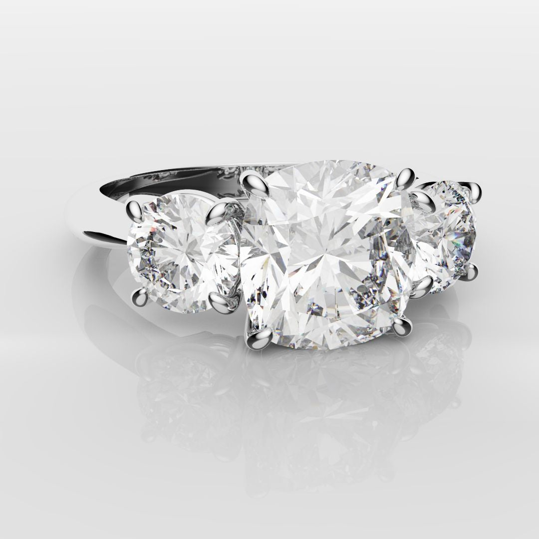 Cushion Cut and Round Diamond Trilogy Engagement Ring