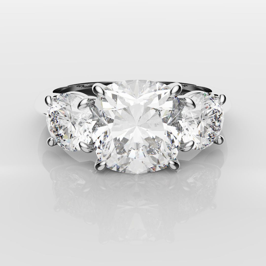 Cushion Cut and Round Diamond Trilogy Engagement Ring