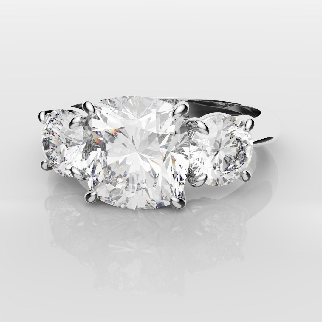 Cushion Cut and Round Diamond Trilogy Engagement Ring