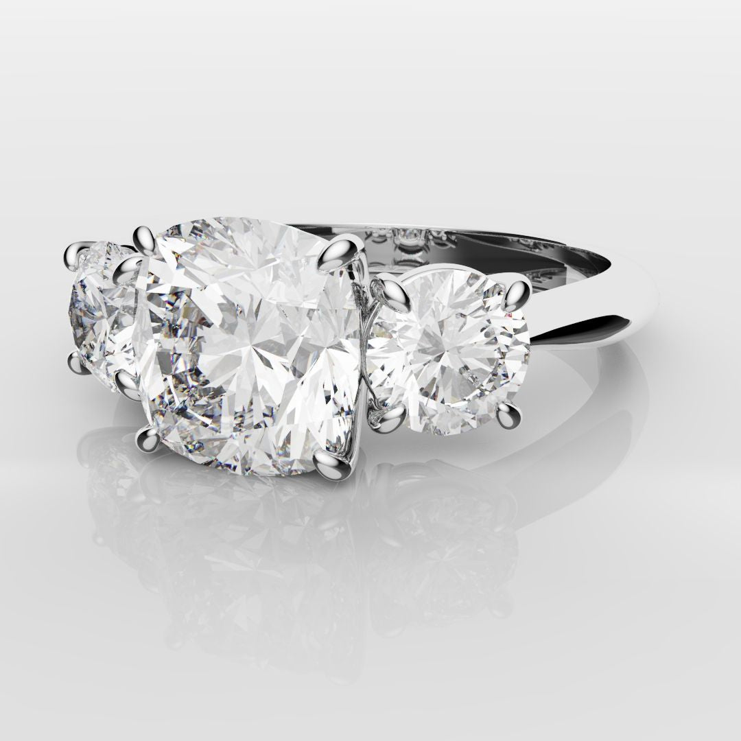 Cushion Cut and Round Diamond Trilogy Engagement Ring