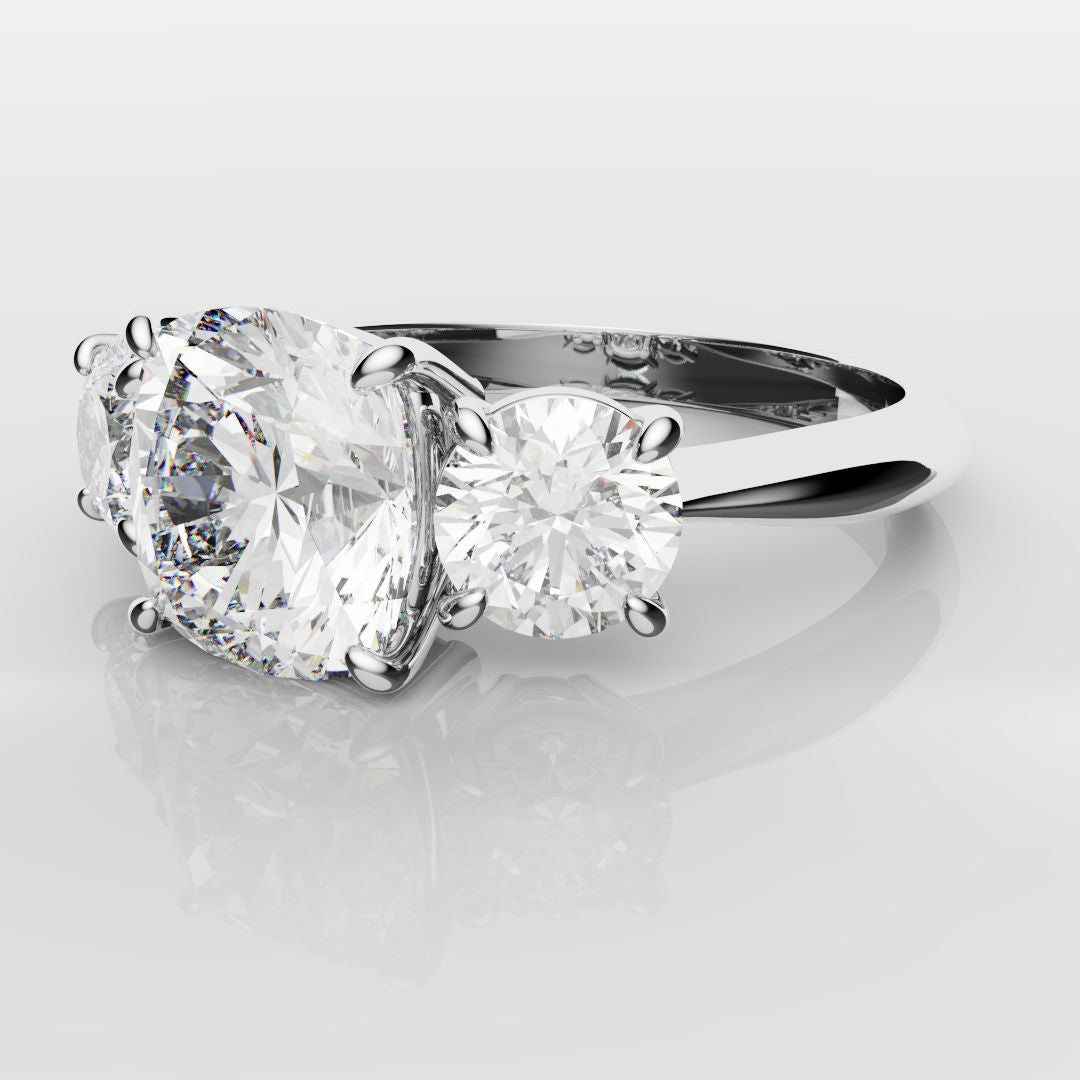 Cushion Cut and Round Diamond Trilogy Engagement Ring