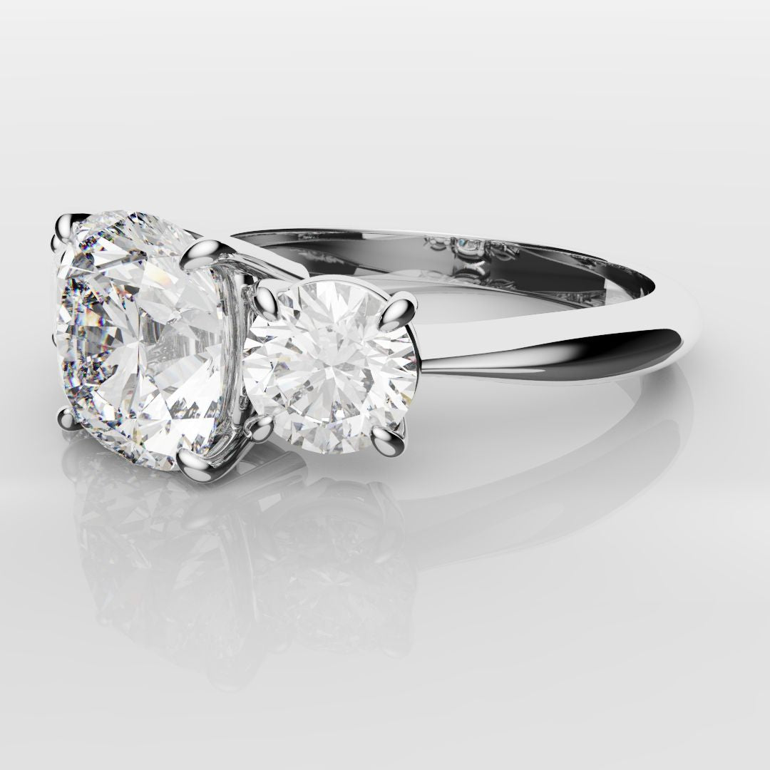 Cushion Cut and Round Diamond Trilogy Engagement Ring