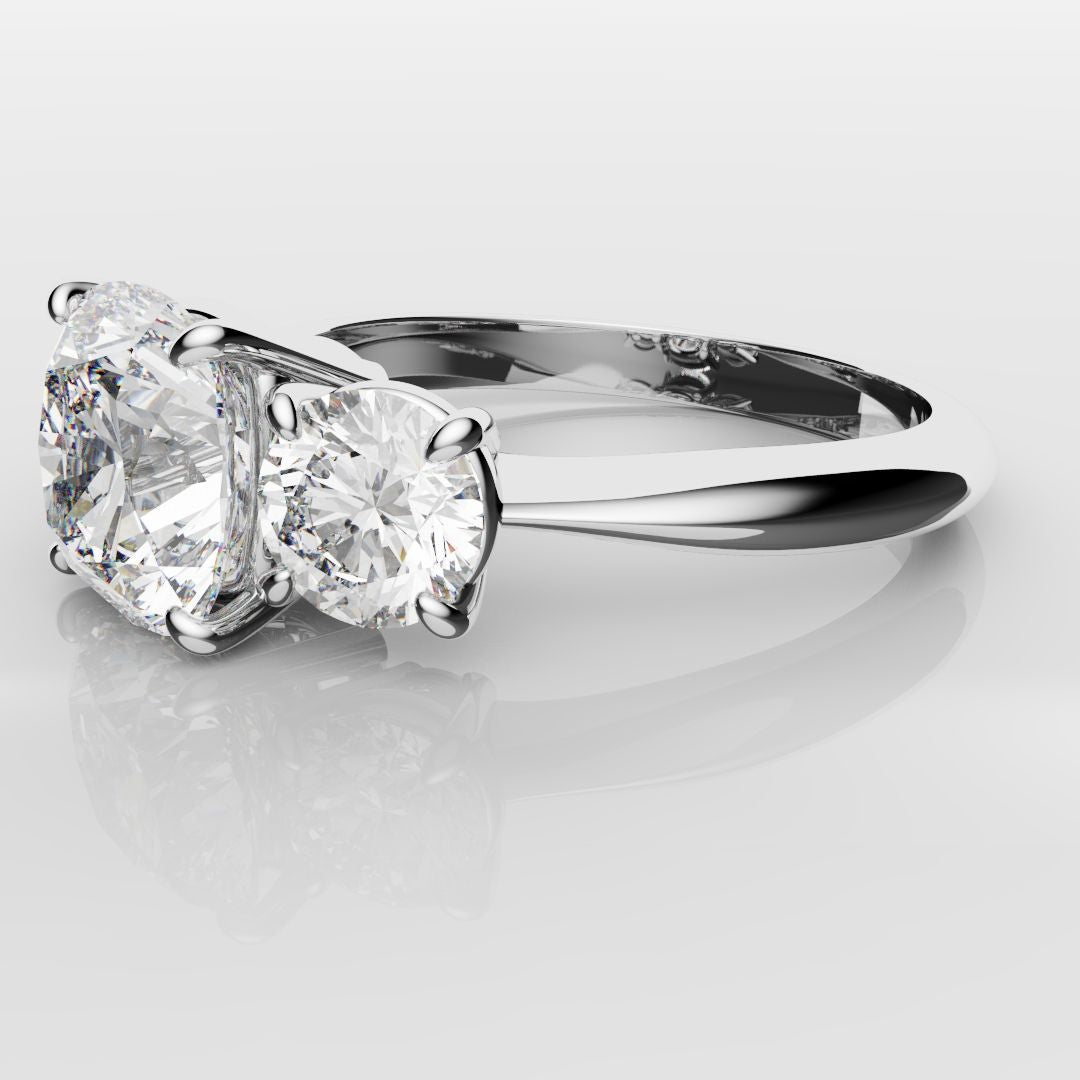 Cushion Cut and Round Diamond Trilogy Engagement Ring