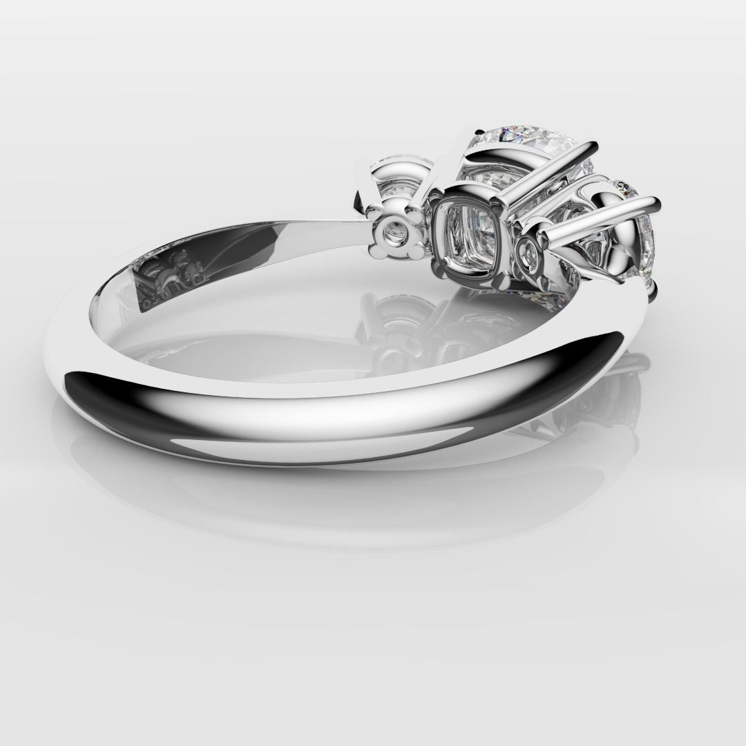 Cushion Cut and Round Diamond Trilogy Engagement Ring