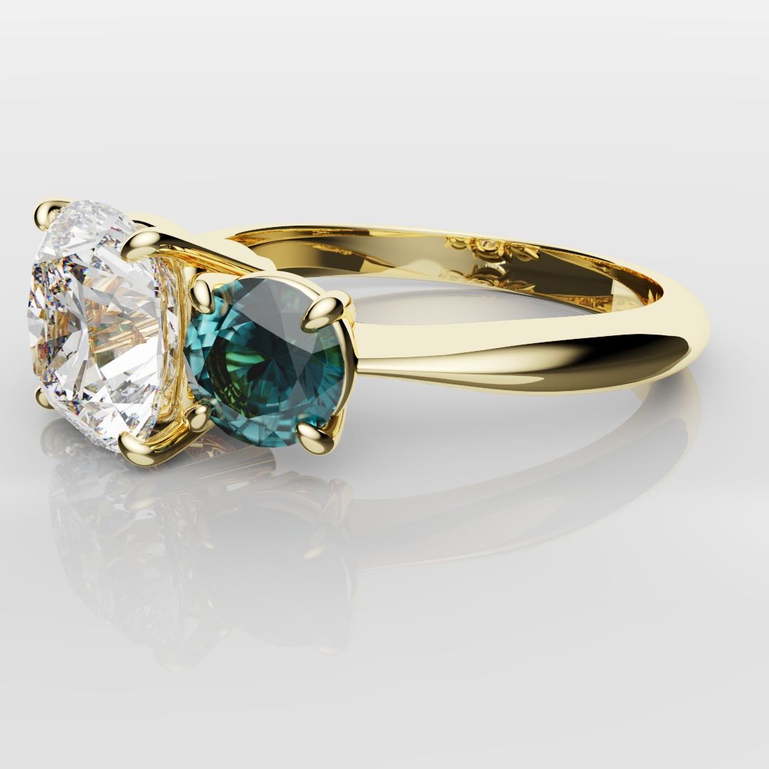 Cushion Cut Diamond Trilogy with Teal Sapphires