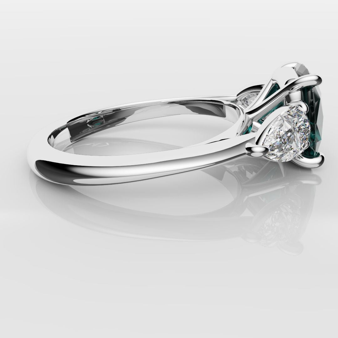 Cushion Cut Teal Sapphire With Pear Shoulder Diamonds