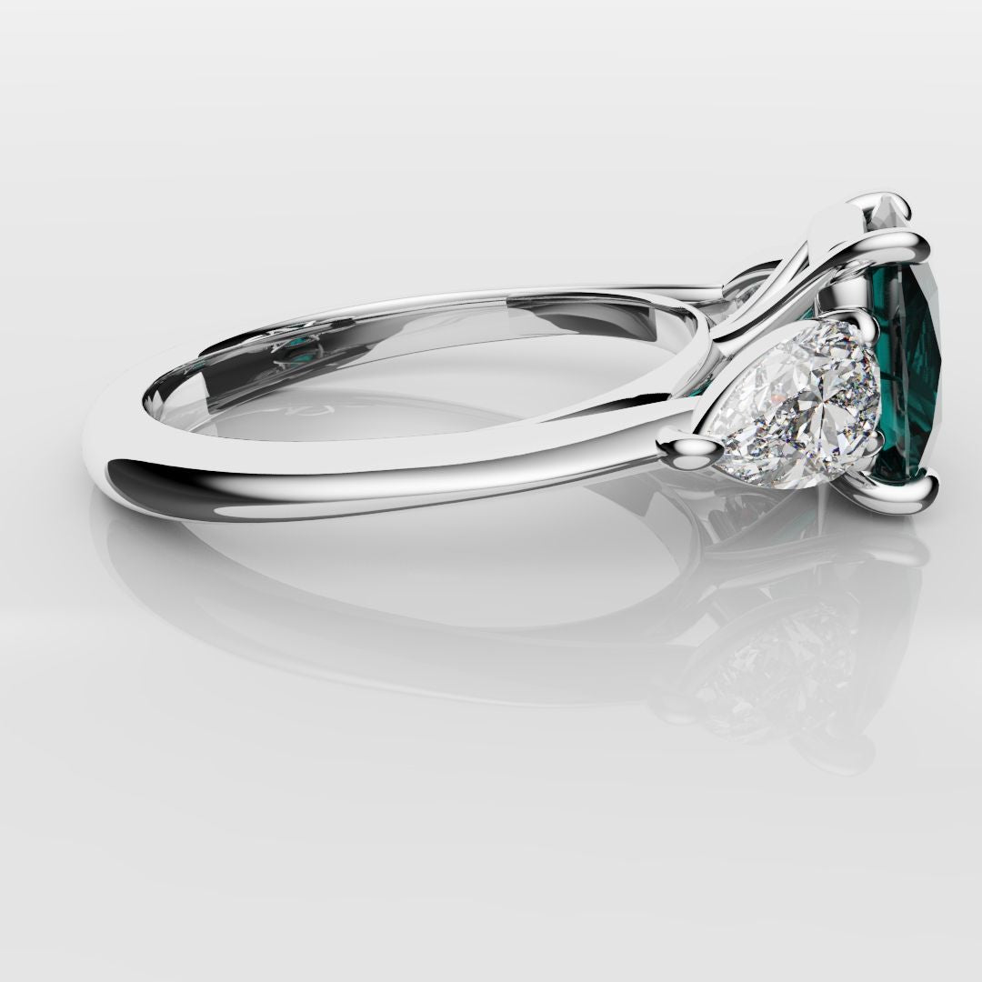 Cushion Cut Teal Sapphire With Pear Shoulder Diamonds