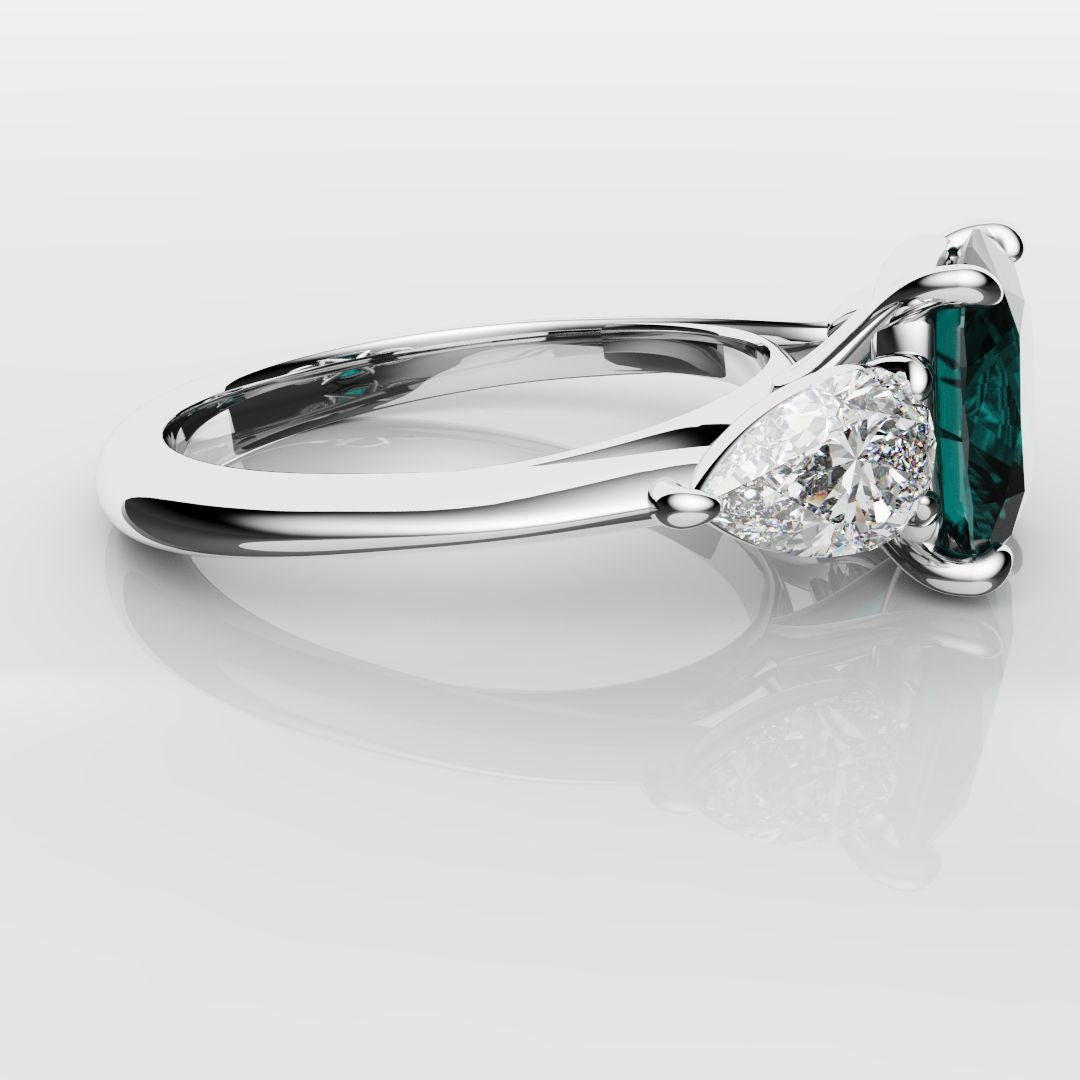 Cushion Cut Teal Sapphire With Pear Shoulder Diamonds