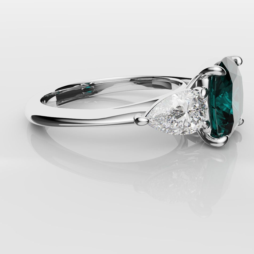 Cushion Cut Teal Sapphire With Pear Shoulder Diamonds