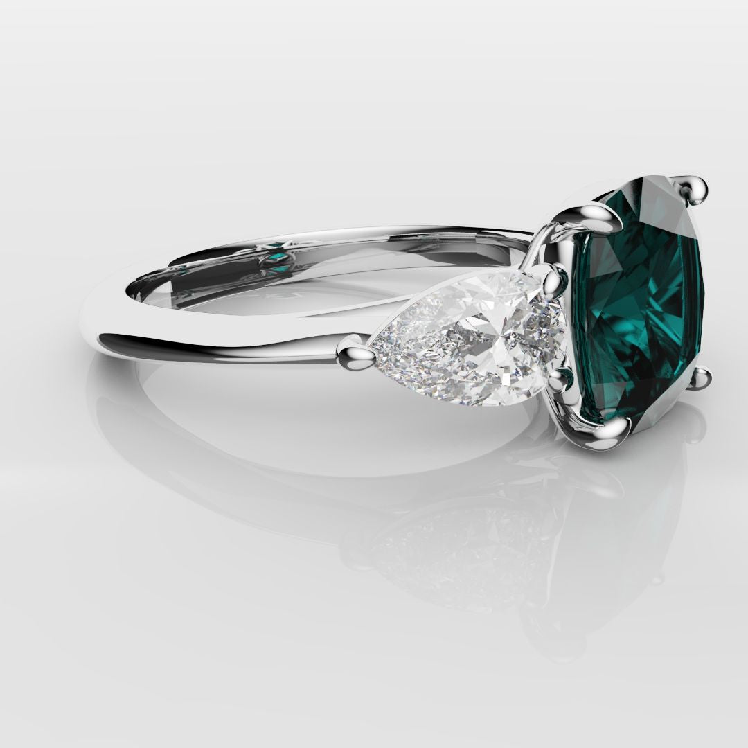 Cushion Cut Teal Sapphire With Pear Shoulder Diamonds