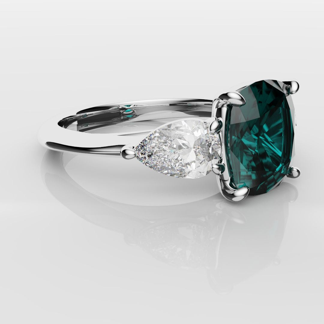 Cushion Cut Teal Sapphire With Pear Shoulder Diamonds