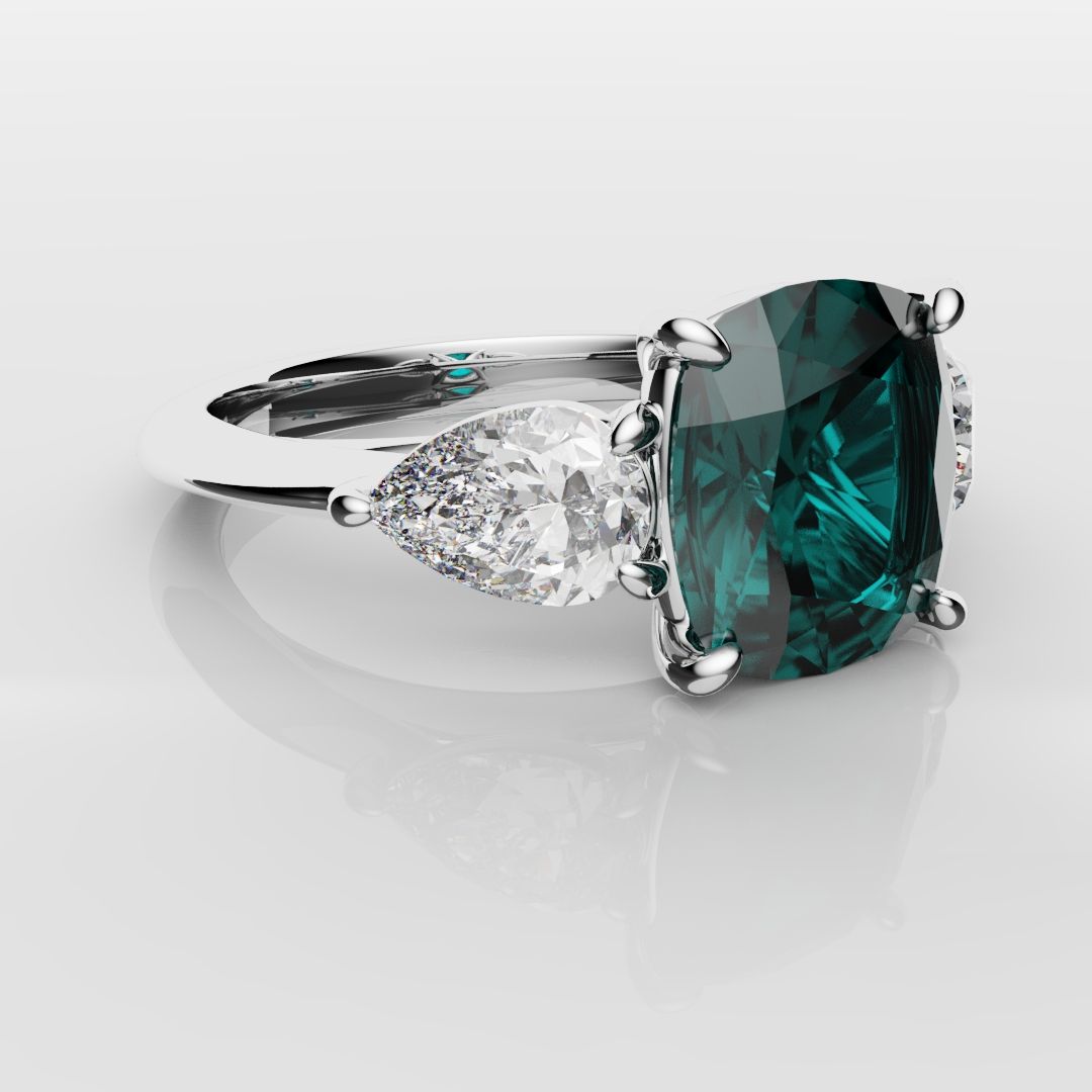 Cushion Cut Teal Sapphire With Pear Shoulder Diamonds