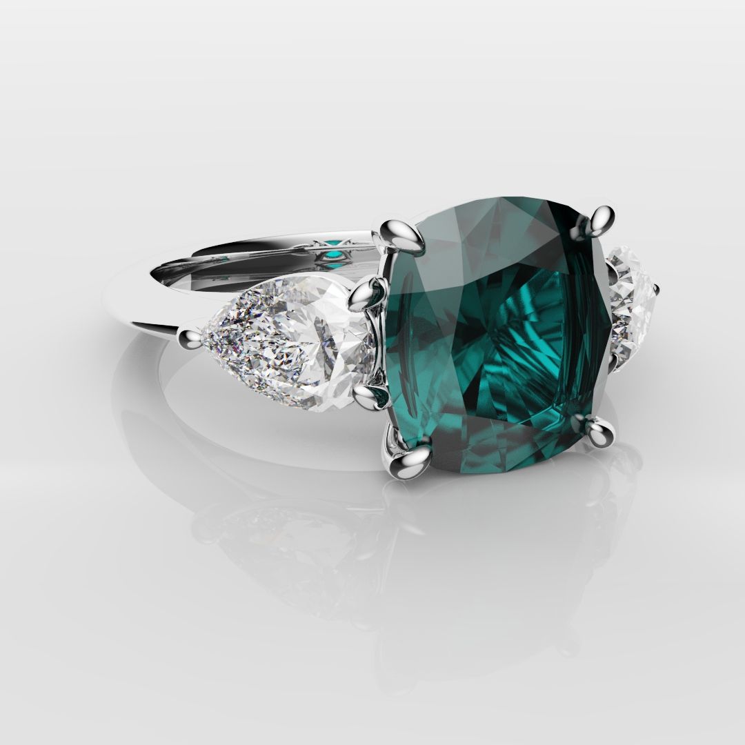 Cushion Cut Teal Sapphire With Pear Shoulder Diamonds