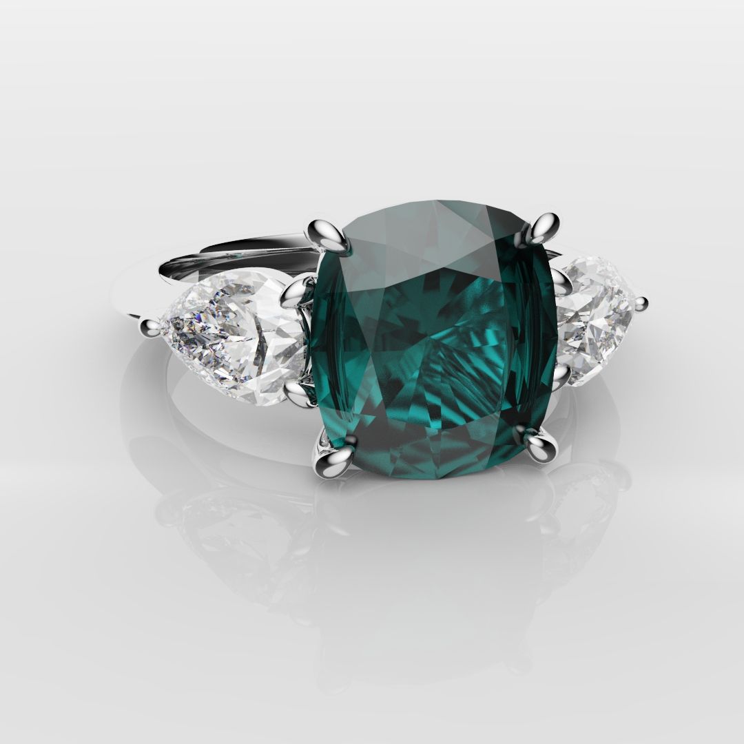 Cushion Cut Teal Sapphire With Pear Shoulder Diamonds