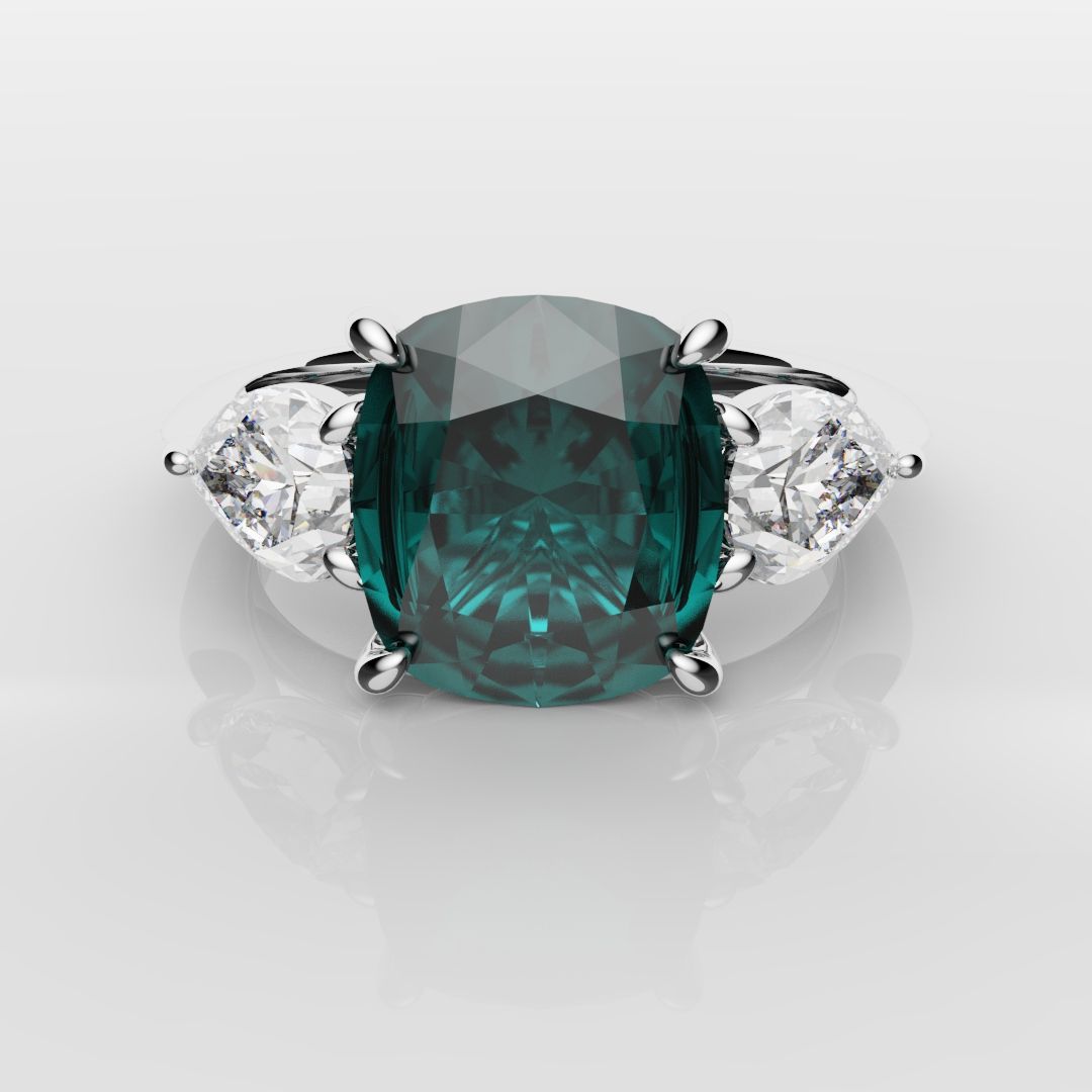 Cushion Cut Teal Sapphire With Pear Shoulder Diamonds