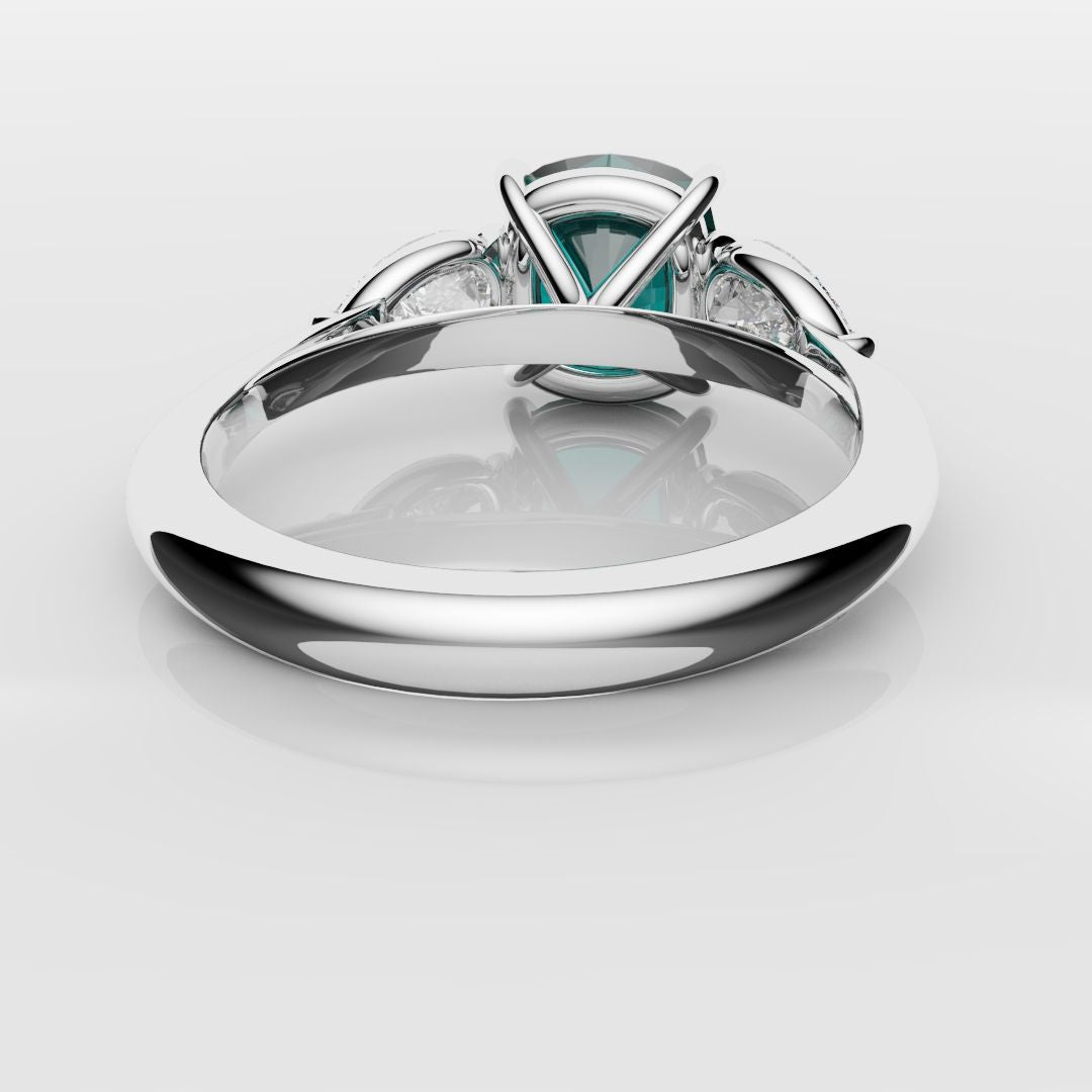 Cushion Cut Teal Sapphire With Pear Shoulder Diamonds