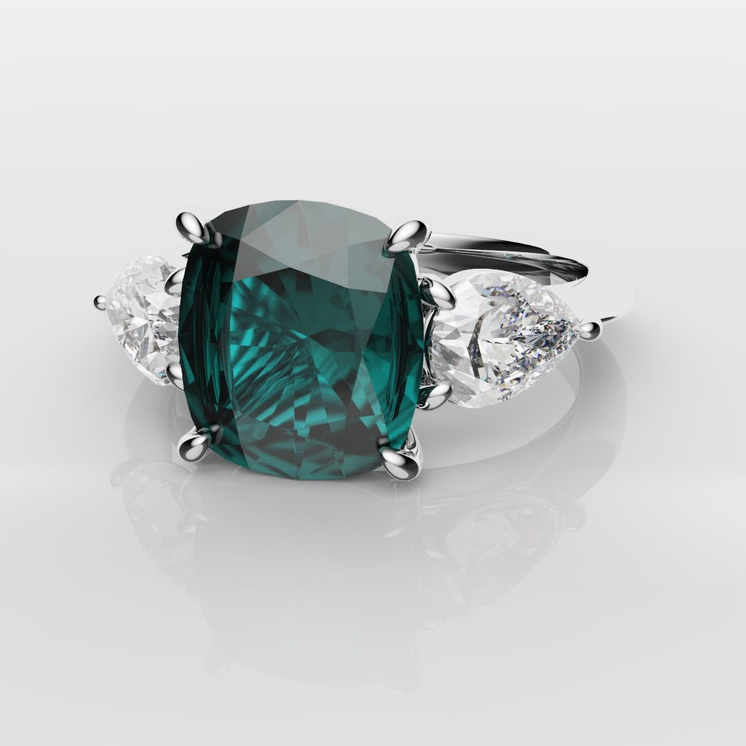 Cushion Cut Teal Sapphire With Pear Shoulder Diamonds